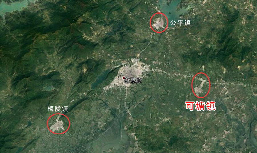 打开广东省汕尾市海丰县的卫星地图,会发现在县城周围,有三个比较明显
