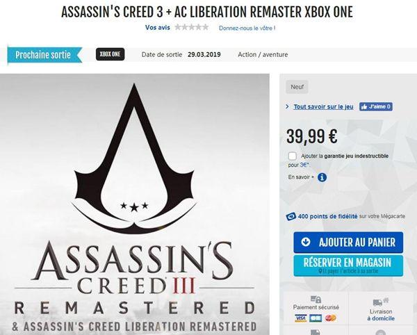 《刺客信条3》重制版发售时间遭法国零售商曝光