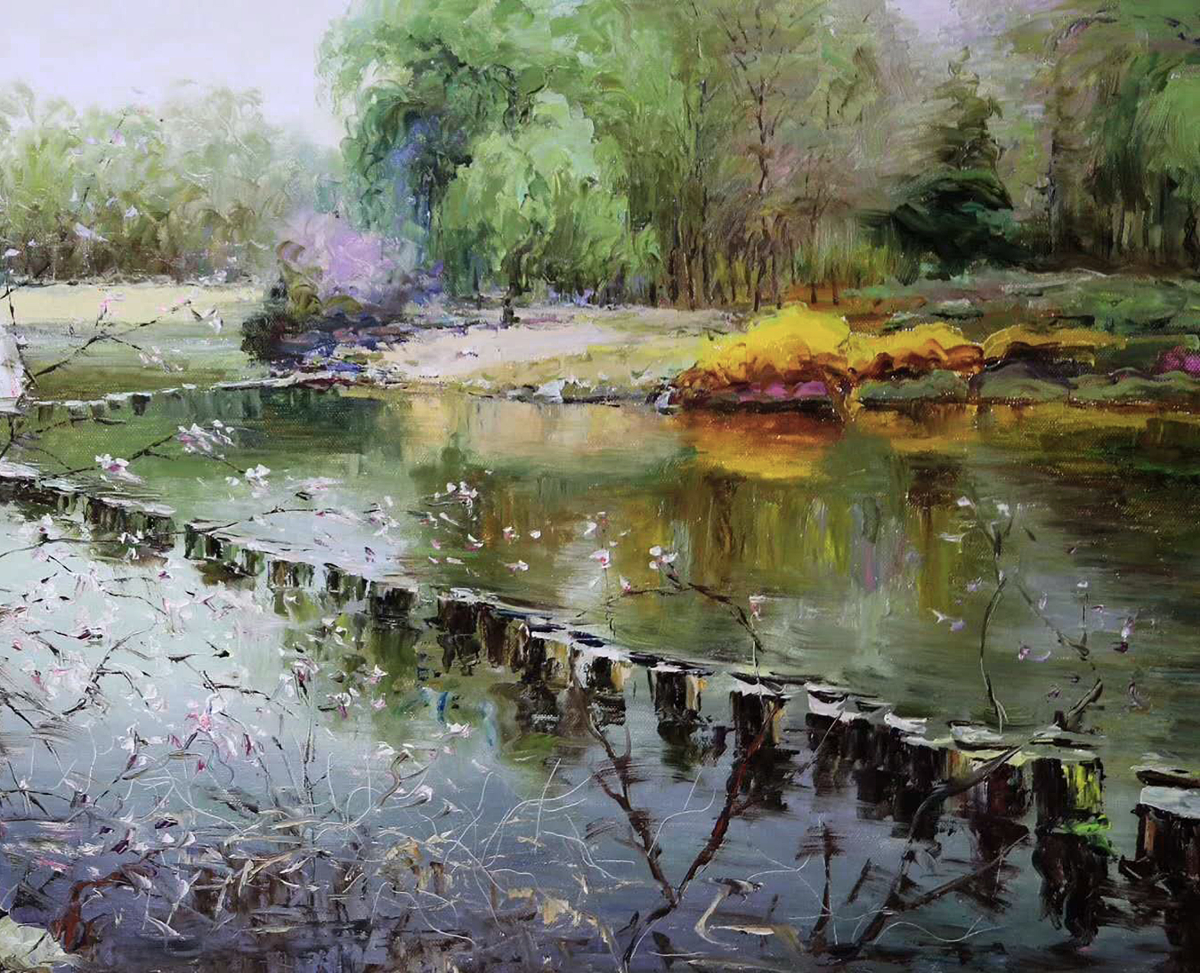 油画《小河水清》. 转载自百家号作者:8彩虹画室