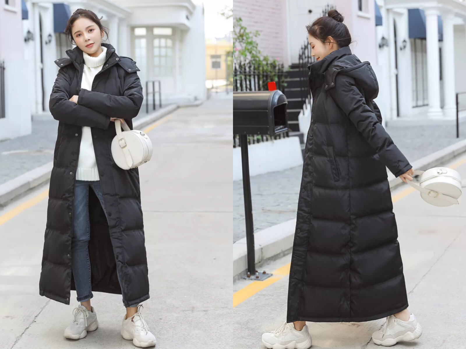 今年流行的黑色过膝羽绒服,搭配对的裤子,穿上时髦一整季!