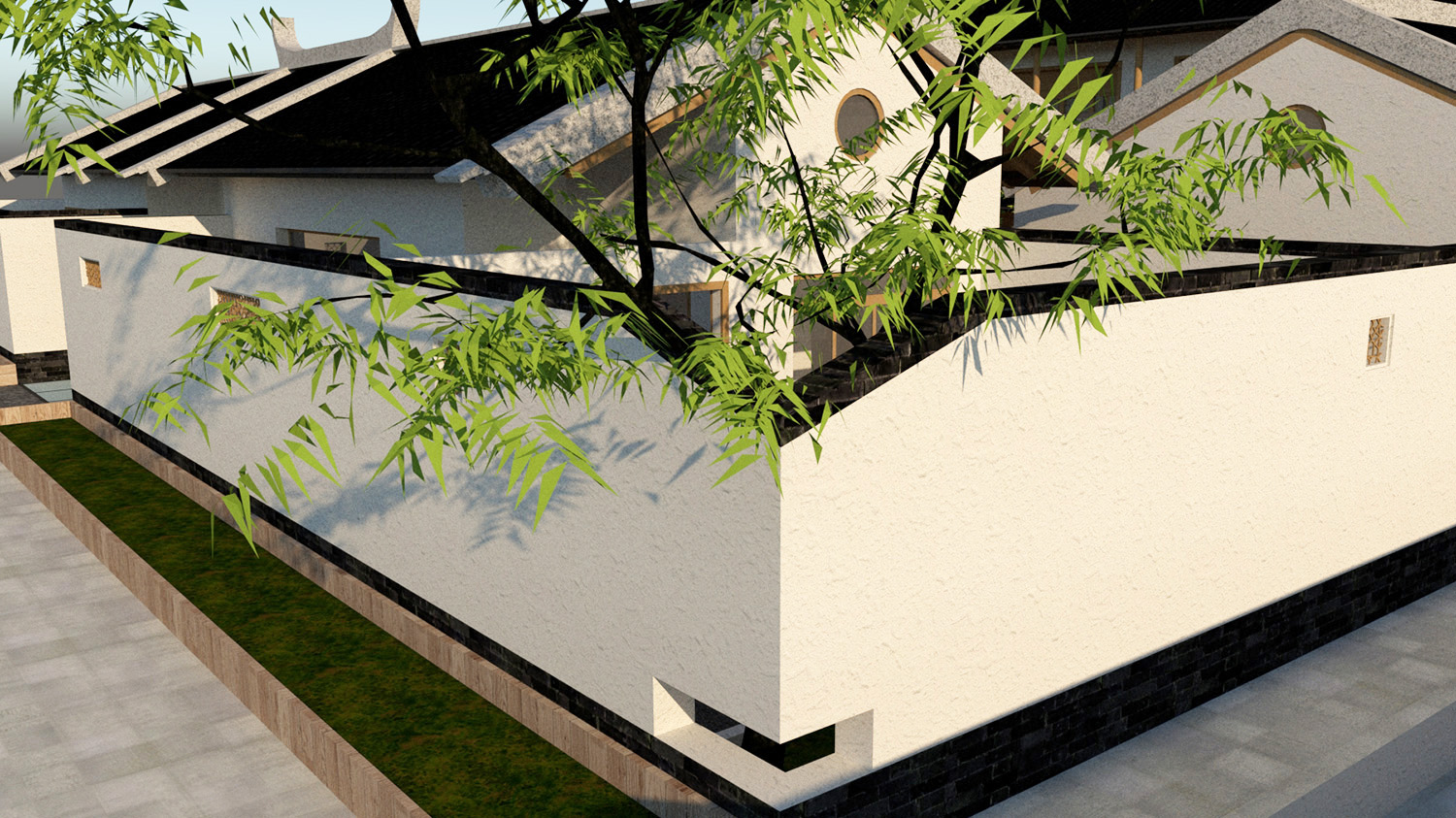 整个平面以活动和自住划分空间,南侧和西侧组成的l