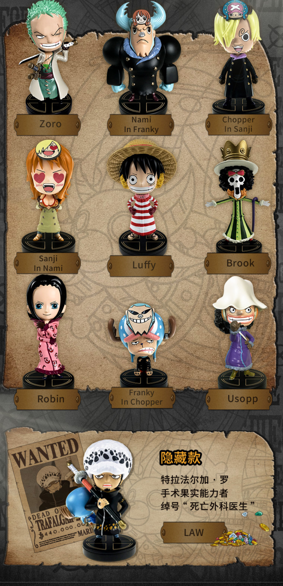 《海贼王》的盲盒,其中包含了草帽海贼团九位船员的手办,每一款都很