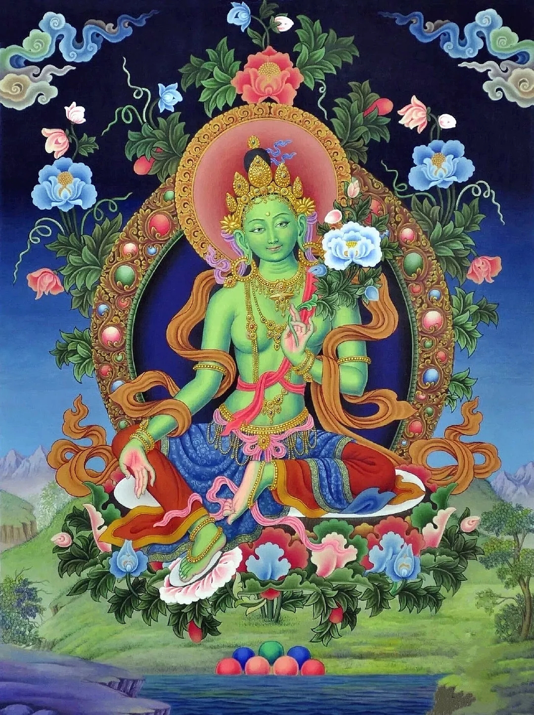 顶礼具光胜度母,安立一切三真如, 正具寂灭威神力,摧魔起尸夜叉众.