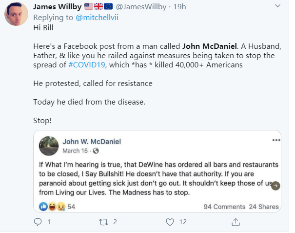 「推荐」美国一男子发帖称不怕病毒要自由，如今却因感染新冠肺炎而死亡