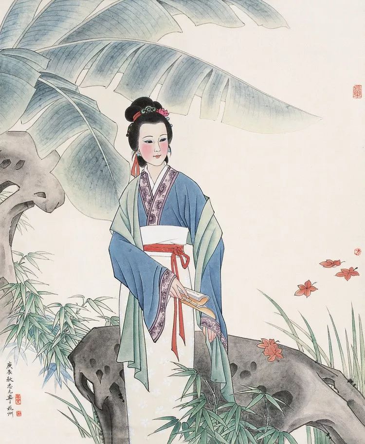 画中人物的衣褶线条勾勒匀实流畅,墨色浓淡相间,线条疏密节奏有致