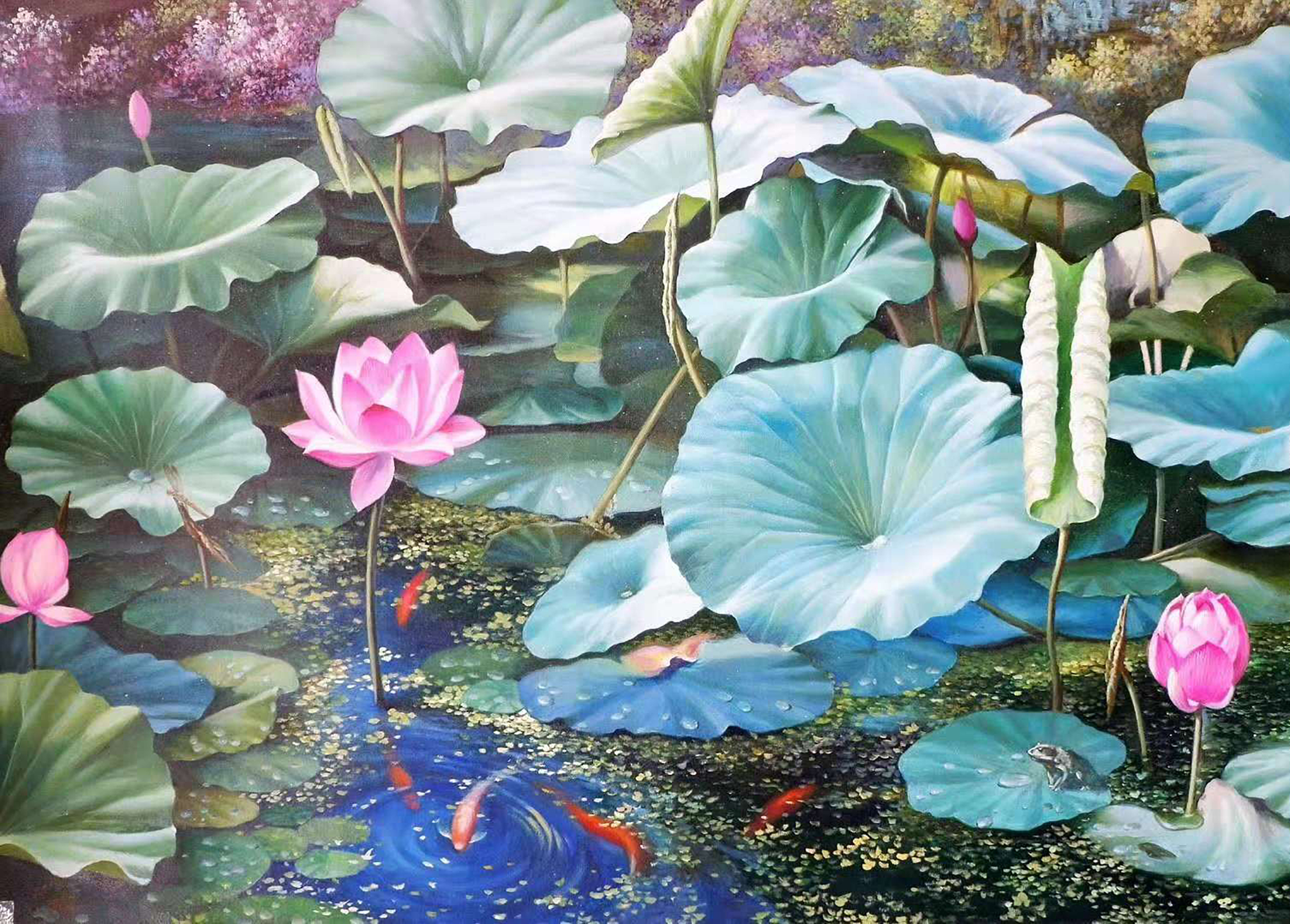油画《锦鲤荷花》,117*81,崔光洙 转载自百家号作者:8彩虹画室