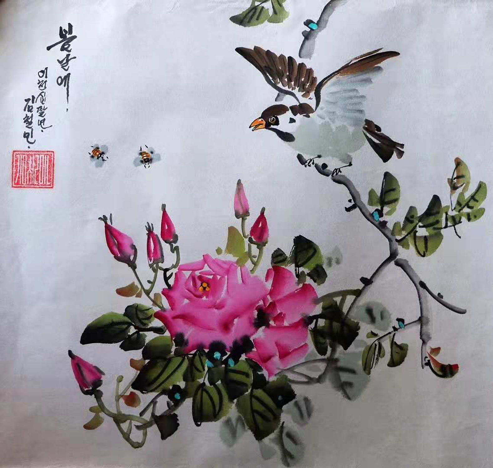 水墨花鸟画,——麻雀牡丹图.