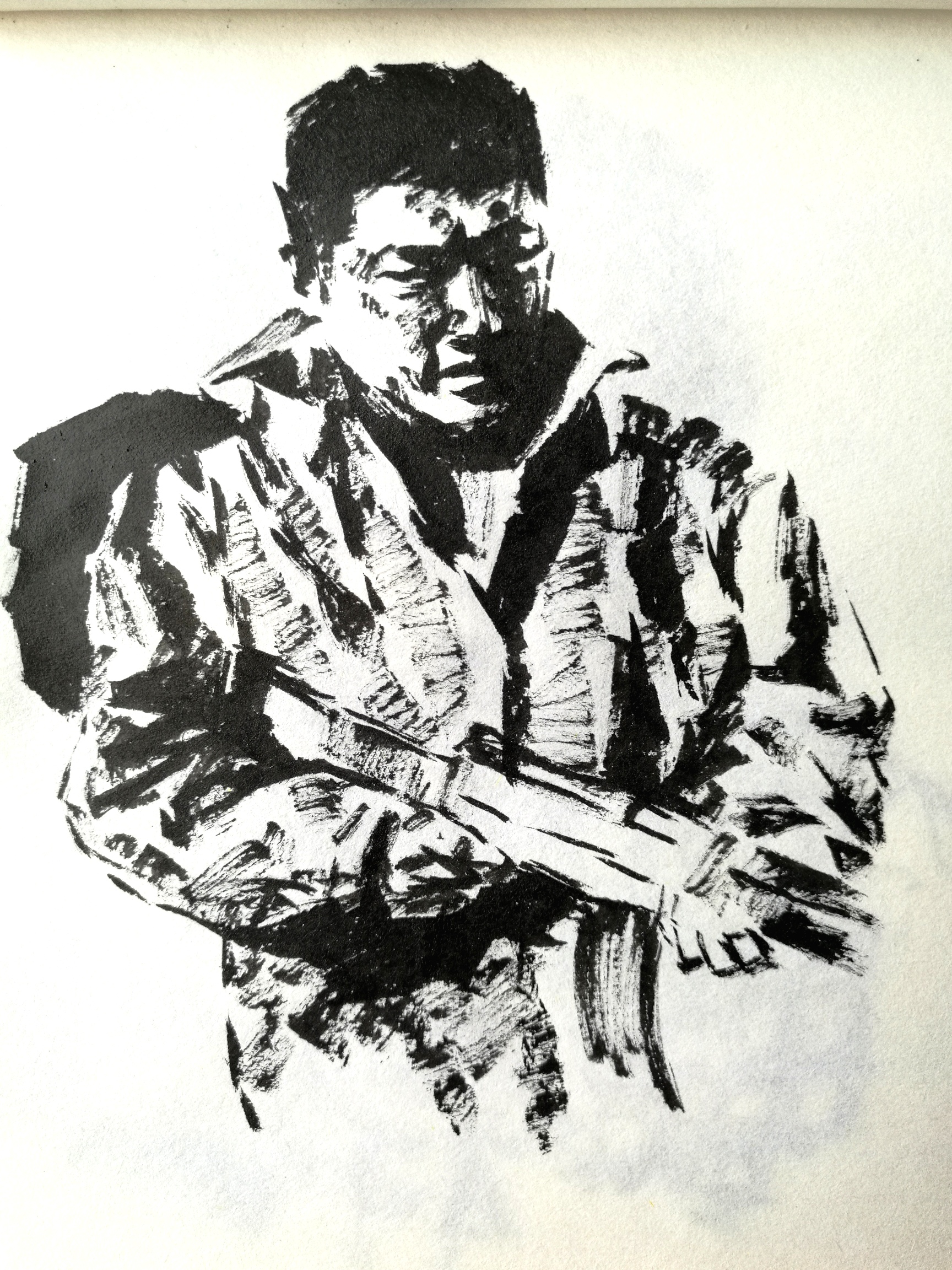 人物半身像素描(4),中年男子,毛笔,墨.