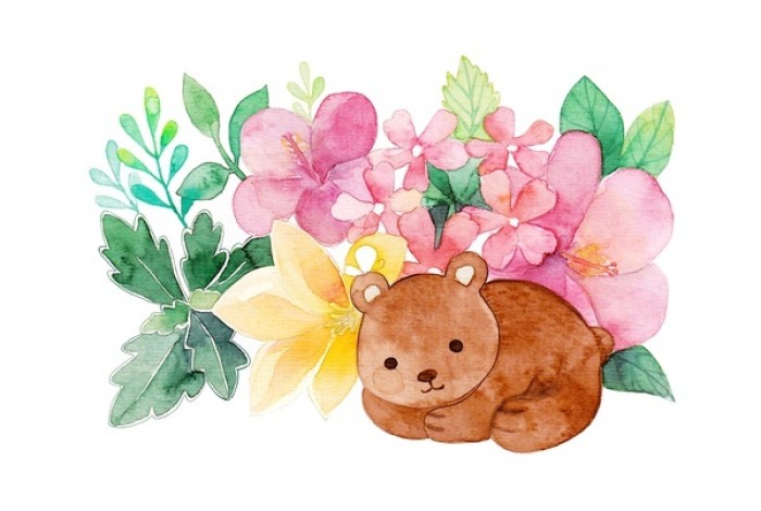 一组很有爱的小水彩画,可爱的小动物和鲜艳的花朵,春天的味道