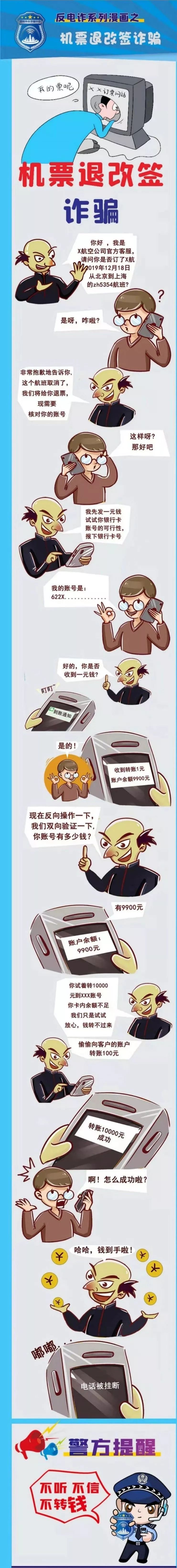 东乡警方推荐反电诈系列漫画:机票退改签诈骗