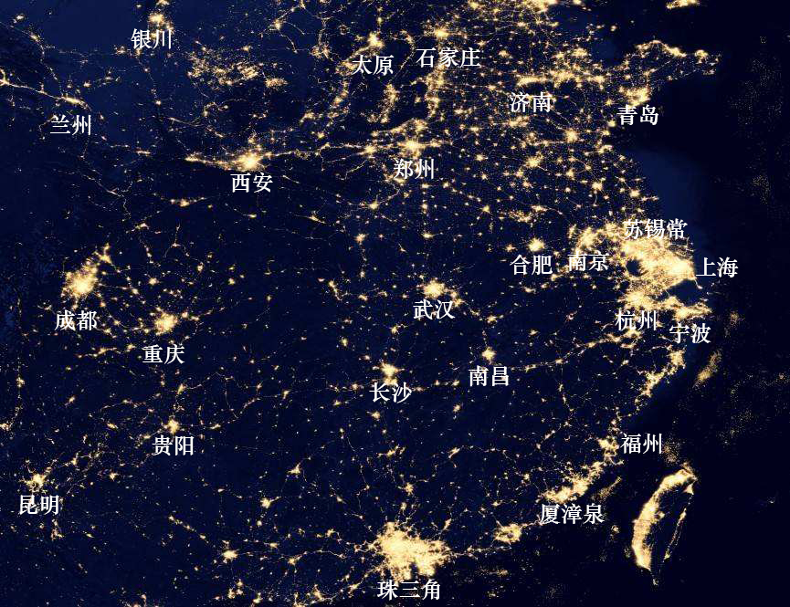 夜景灯光卫星图维度下,西部双子星成都和重庆城市规模大小对比