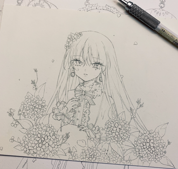 铅笔稿,漂亮的卡通动漫美少女,细节画的超漂亮,花丛中哭泣的女孩.