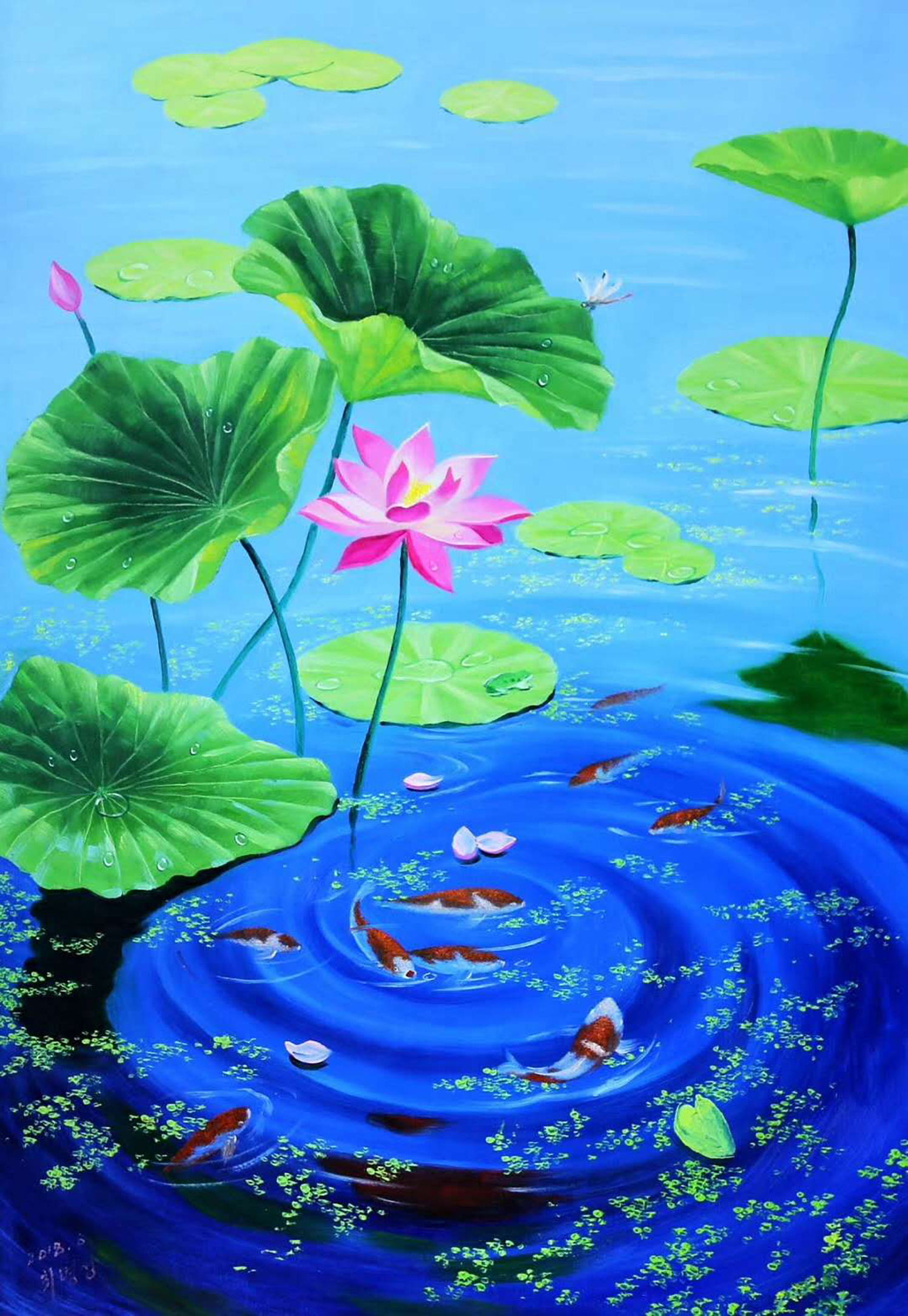 油画花鸟:一组锦鲤荷花图,请欣赏