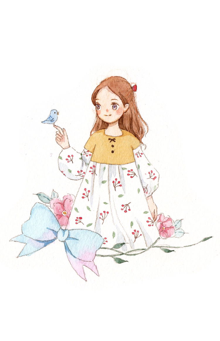 水彩手绘,可爱的田园风格女孩