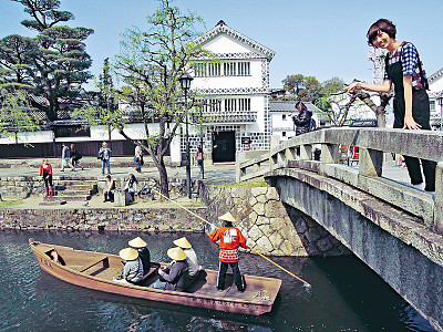 日本,倉敷美觀地區,運河上,遊人站在橋上細看水道風情