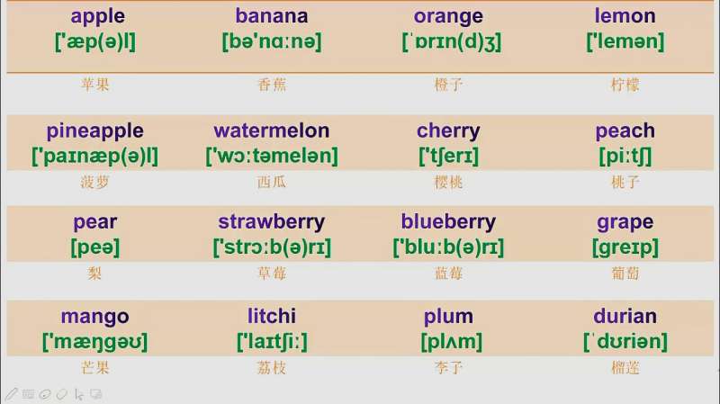 英语口语:十六种常见水果的读音+写法,草莓和榴莲英语怎么说