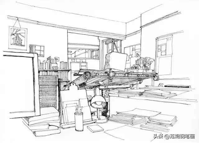 一组室内手绘线稿表现有很强的透视和设计感