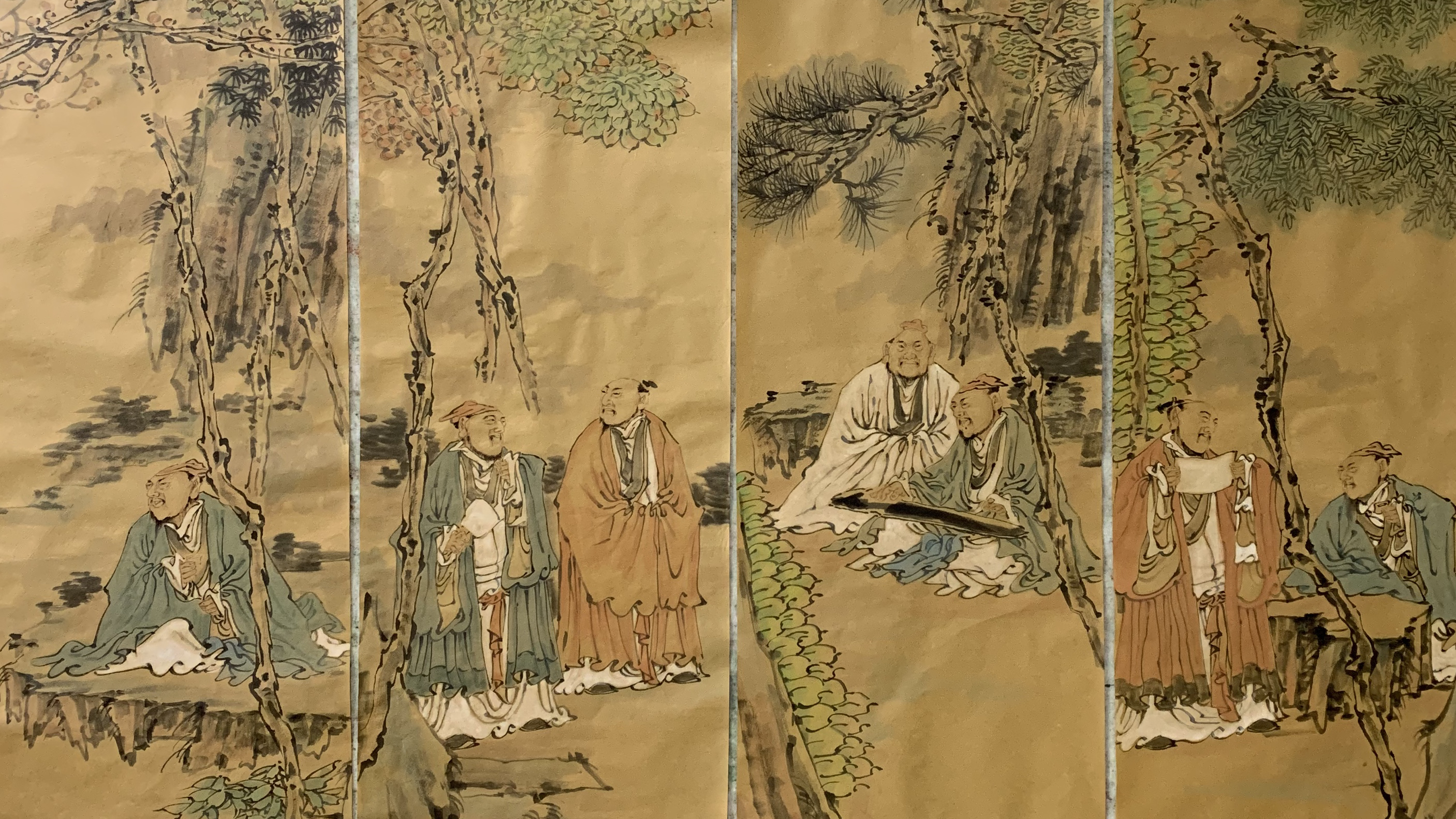 画幅古典人物四条屏,七贤