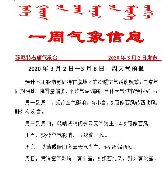 蘇尼特右旗2020年3月2日-3月8日一周天氣預報