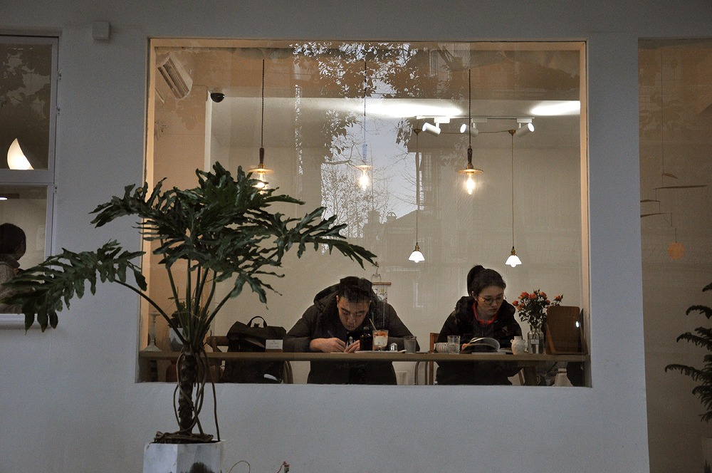 咖啡馆书屋里读书学习的男女青年