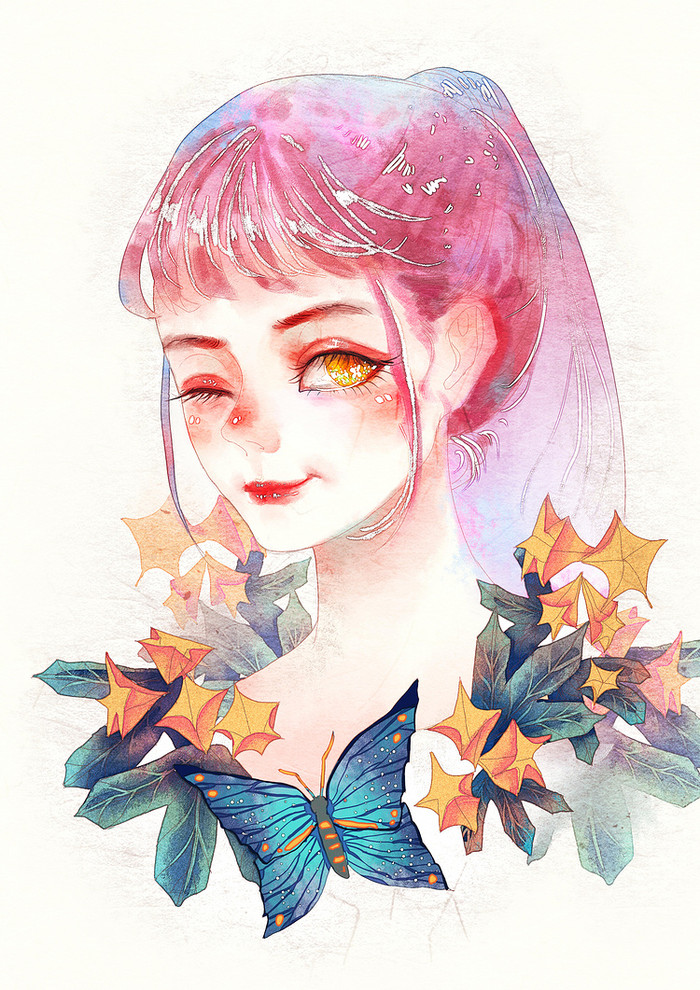 一组彩绘唯美人物插画作品"花与少女"画风清新靓丽,美呆了!