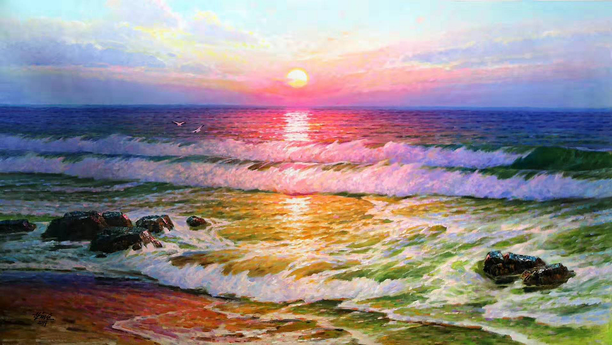 油画:绚丽的海上日出景色