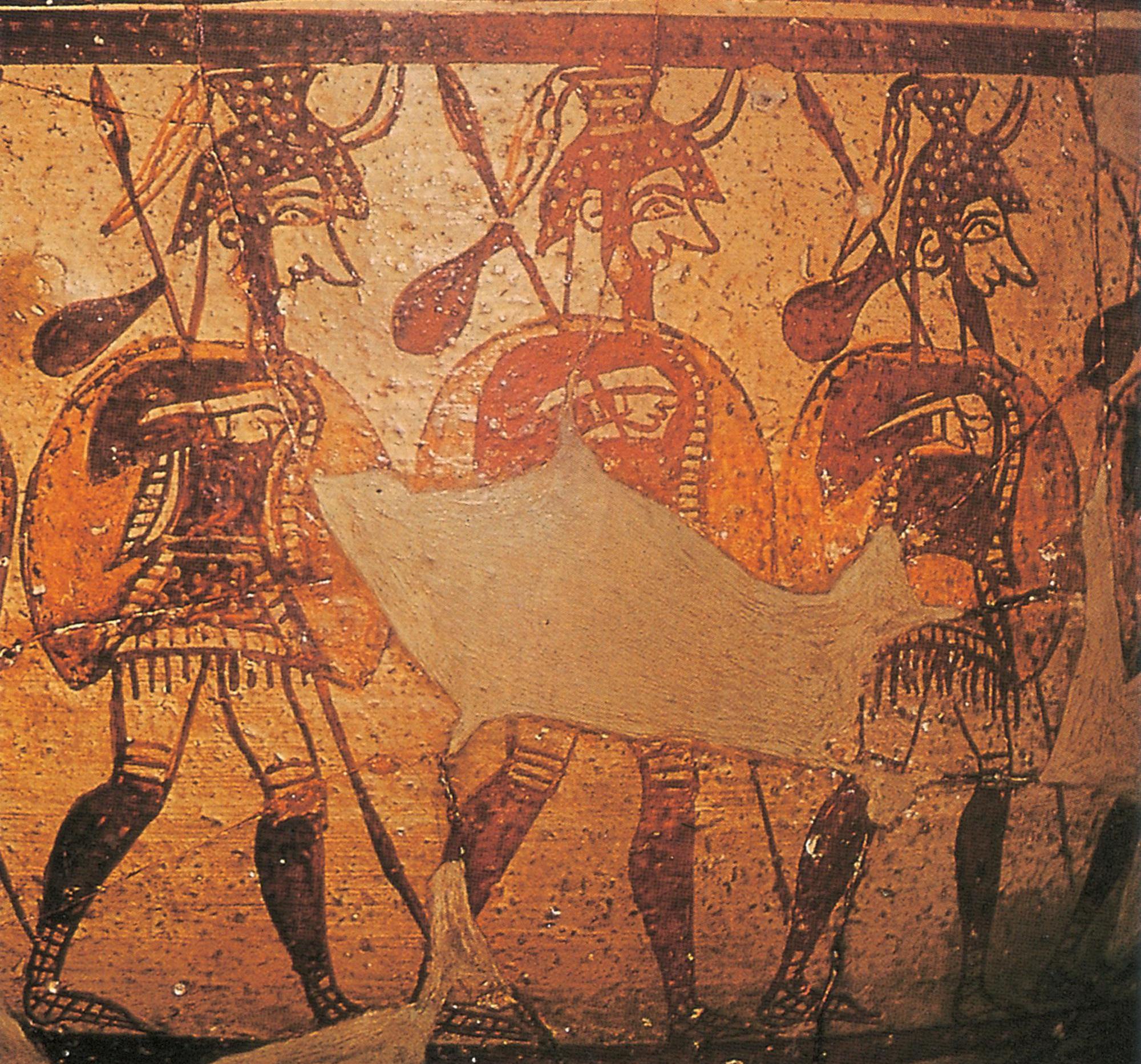 迈锡尼花瓶图案:手持长矛的古希腊武士