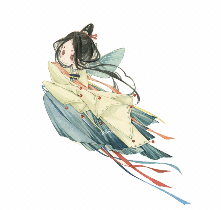 水彩手绘,卡通版的古风蝴蝶仙子,飞舞的蝴蝶仙子