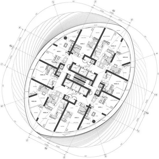 户型图 平面图看,这就是个巨大的椭圆形建筑,每一层都有8户人家