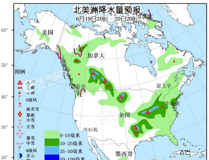 6月19日国外天气预报,北美洲中部有较强降雨