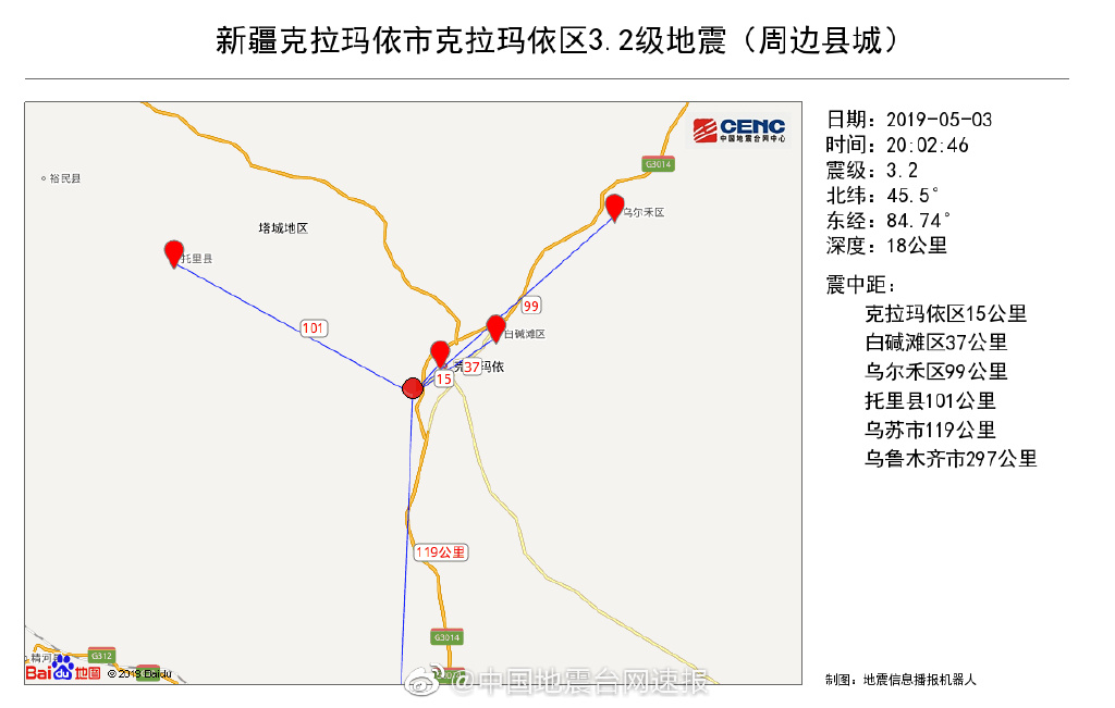 新疆克拉瑪依市發生3.2級地震 震中離市區較近震感明顯