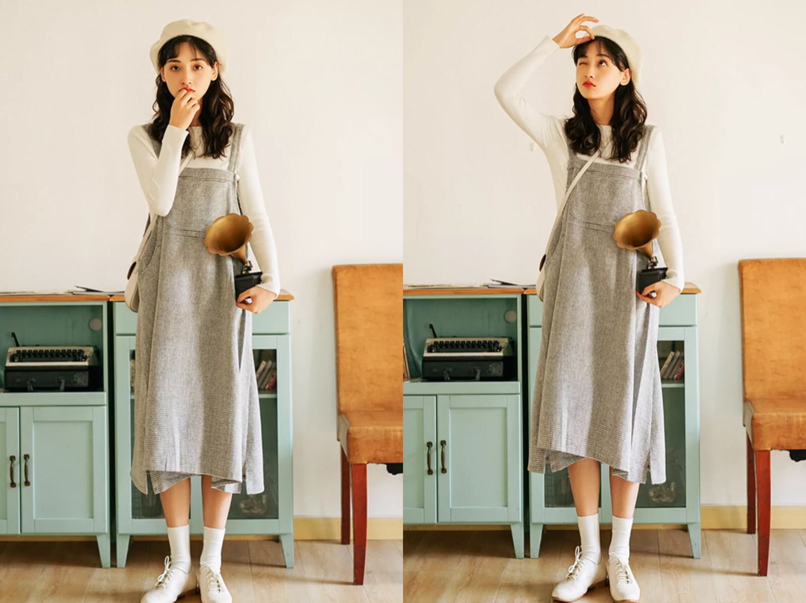 背带裙怎么搭配好看?配针织衫,初春就要这样穿才好看!