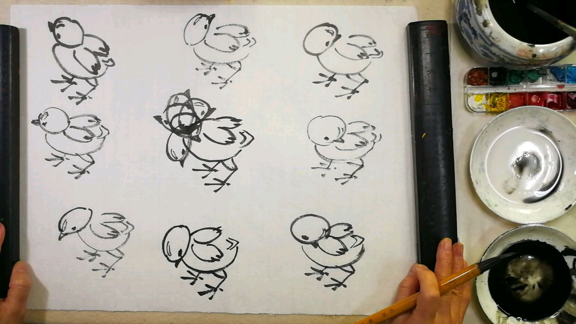 学国画,第二节:小鸡的动态规律。一身多头法,细致讲解,会了吗
