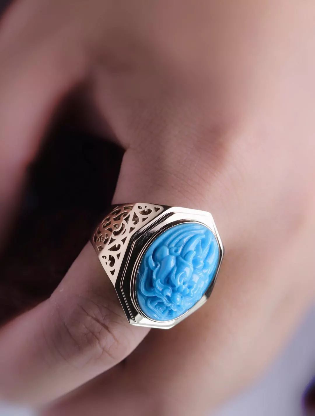 普音|松石王子珠宝18k黄金镶嵌绿松石龙头男戒