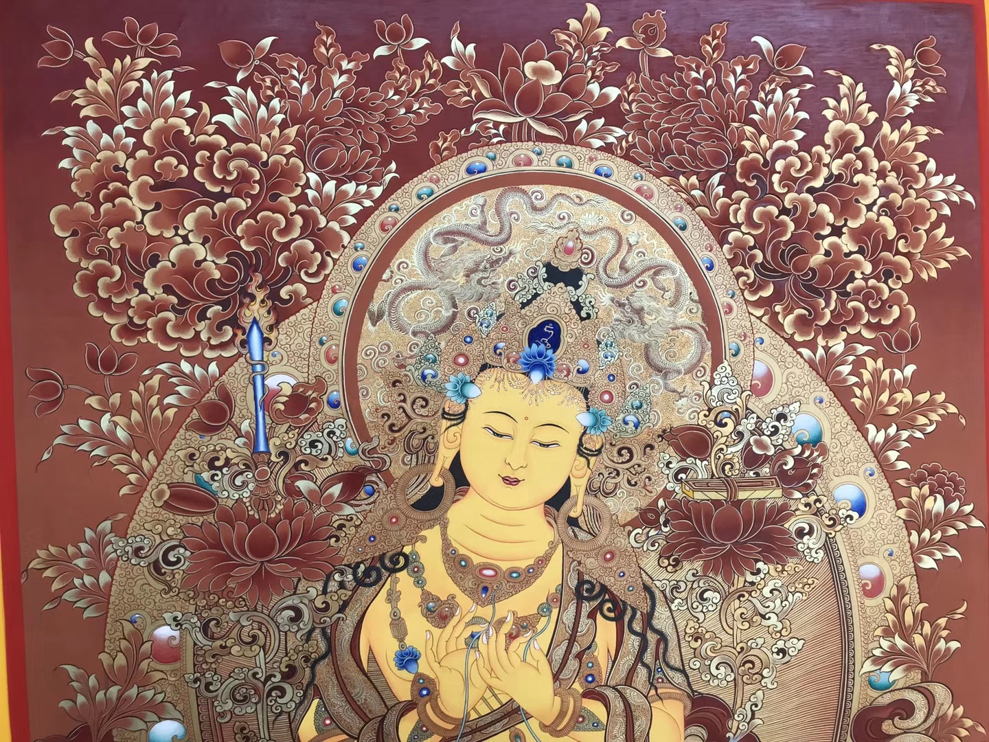 青海黄南州热贡精品朱砂彩文殊菩萨精品唐卡