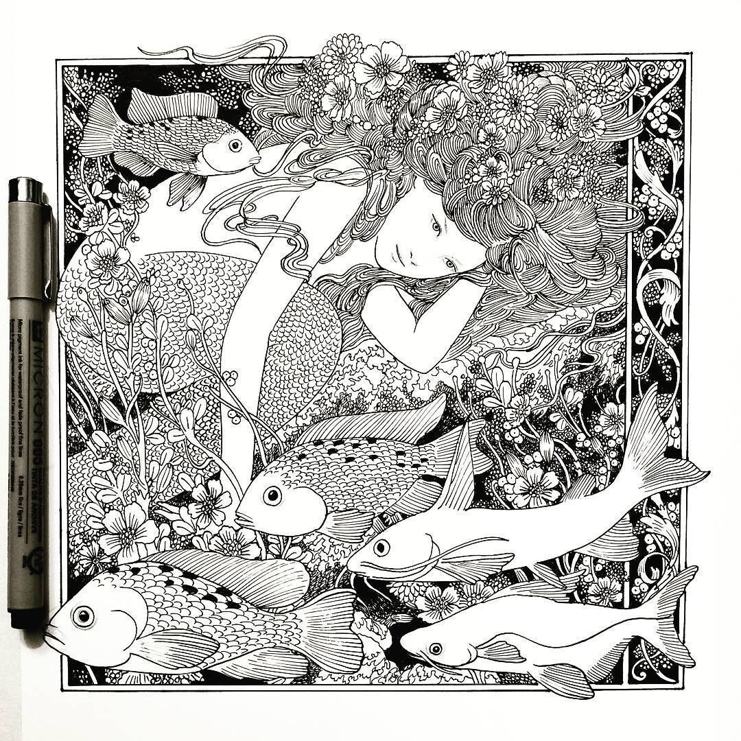 针管笔黑白线描,复杂精致的线条描绘出神话般的少女场景插画,月夜下的