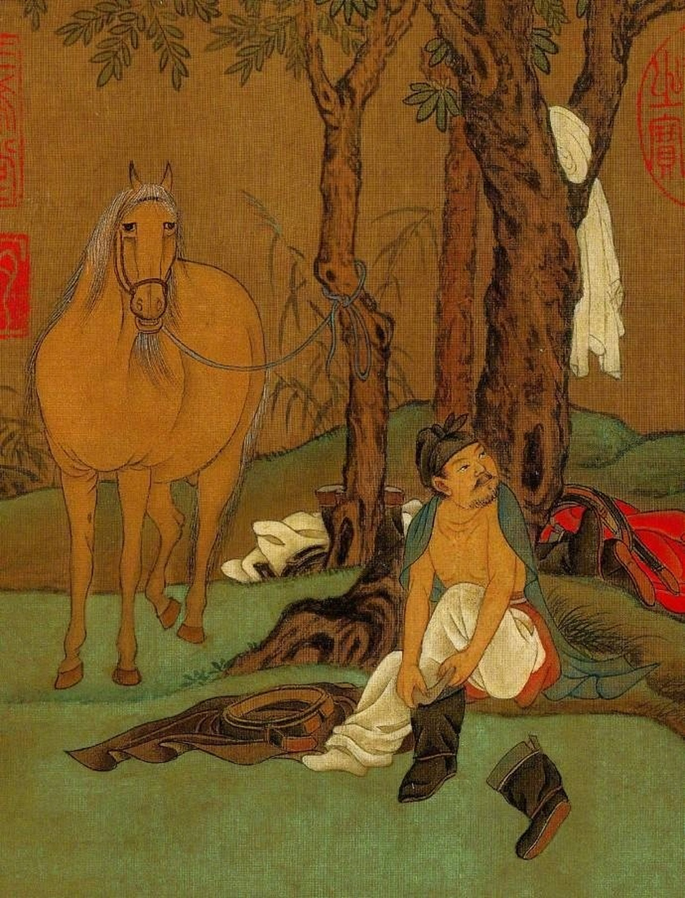 【赵孟頫 元 《浴马图》】 图分入池,洗浴,出池3段描绘了奚官浴#马#的