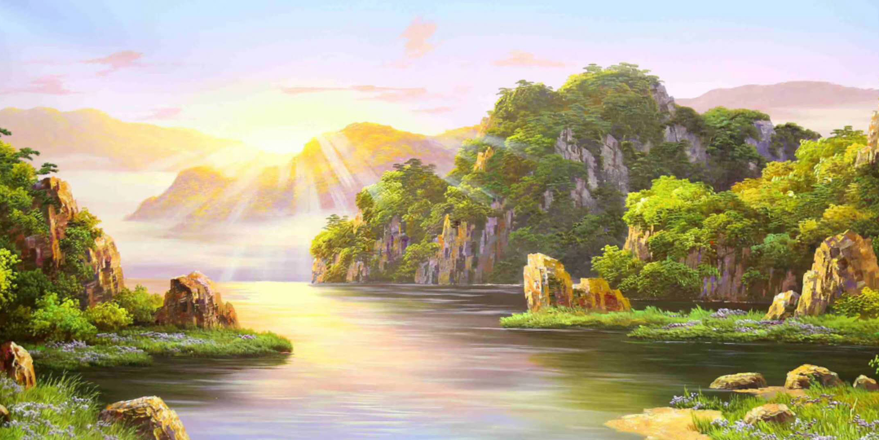 吉祥山水画,适合移植于墙绘的风景画