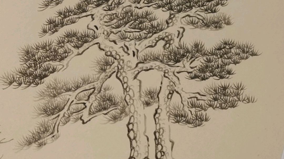 示范山水中松树的鱼鳞皴,松针画法
