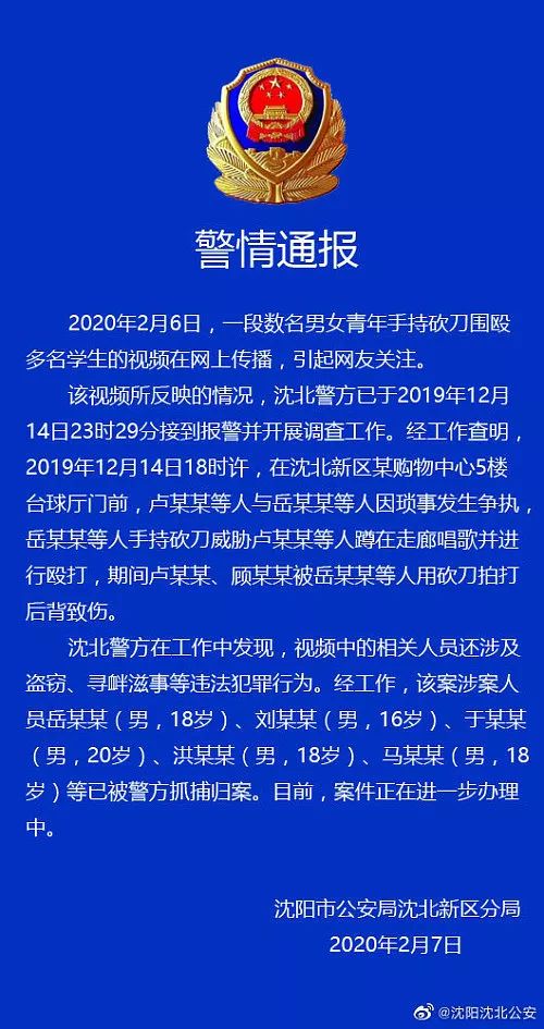 沈阳数名男女持砍刀围殴学生?沈北警方通报来了!