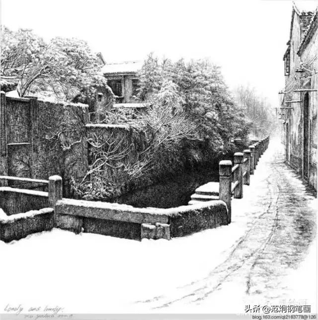很写实的钢笔画雪景,大师之作,一幅画不知道要画多久