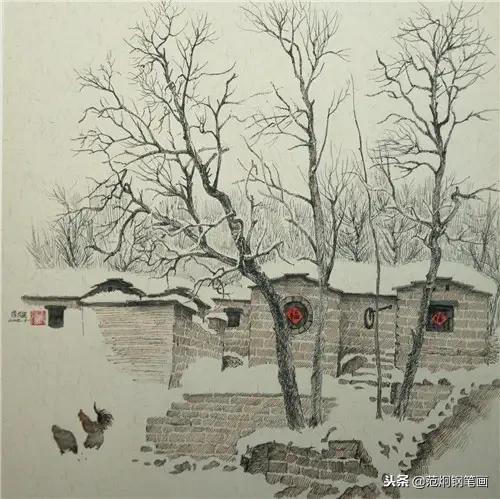 雪景系列钢笔画,都是一个色调的村落