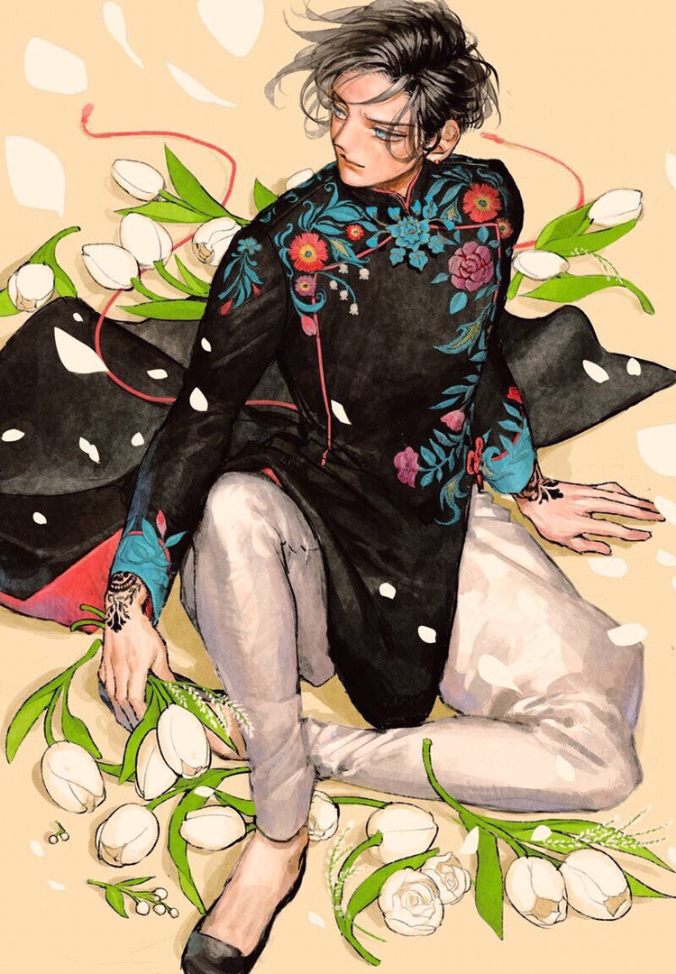 猫和唐装男子.作者:ほぽ(twi:hpobm)