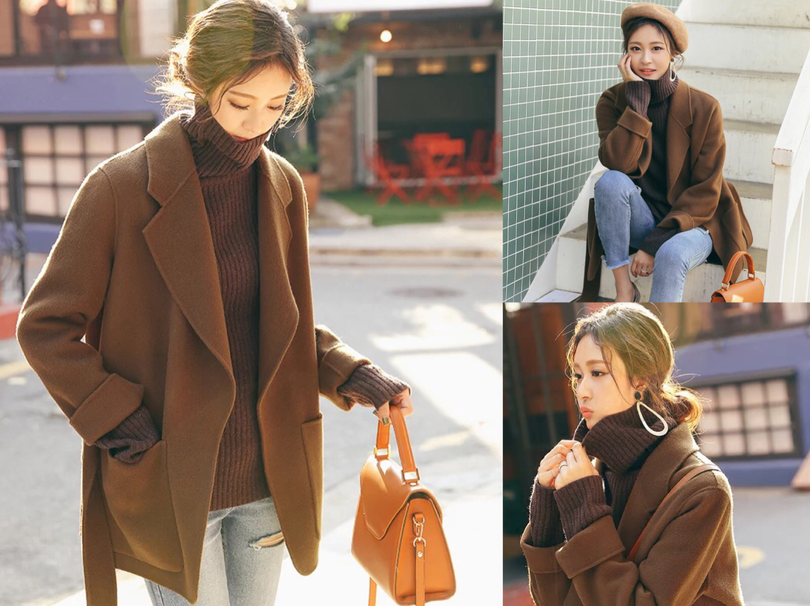 搭配1,这款焦糖色大衣是属于拼色设计的大衣,焦糖色真的超级显皮肤白