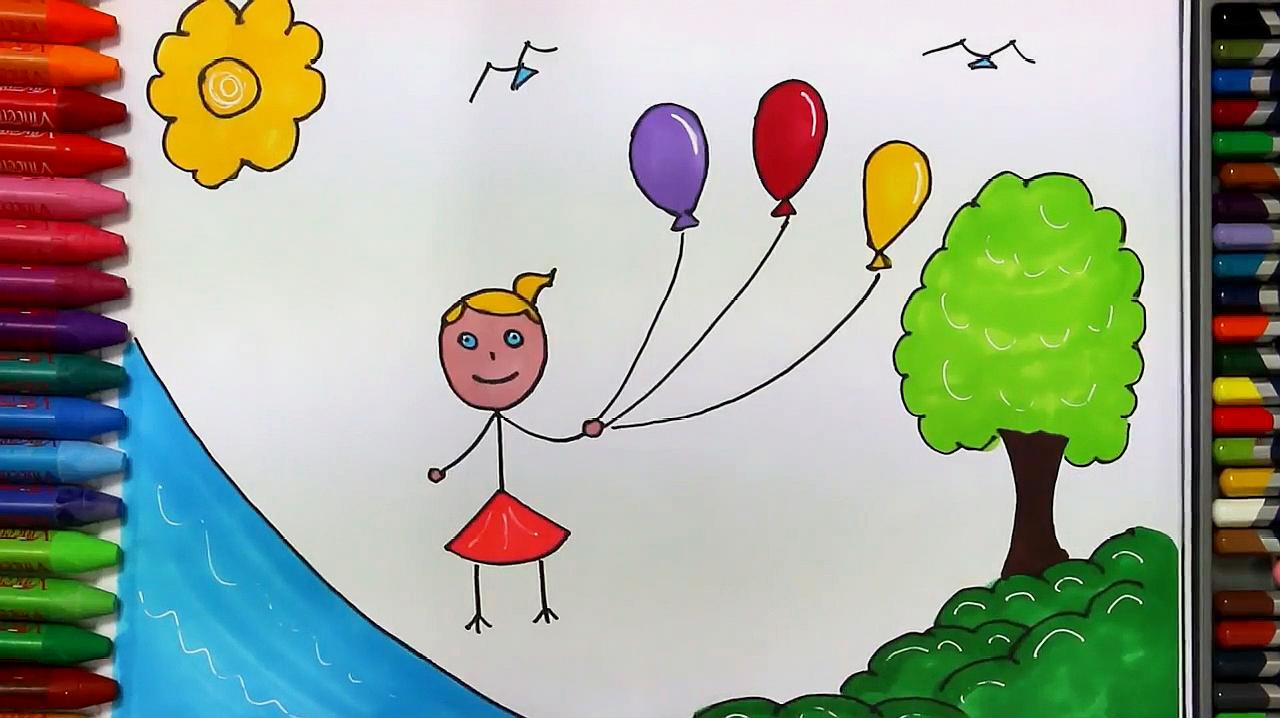 画一幅小孩子放气球的风景画