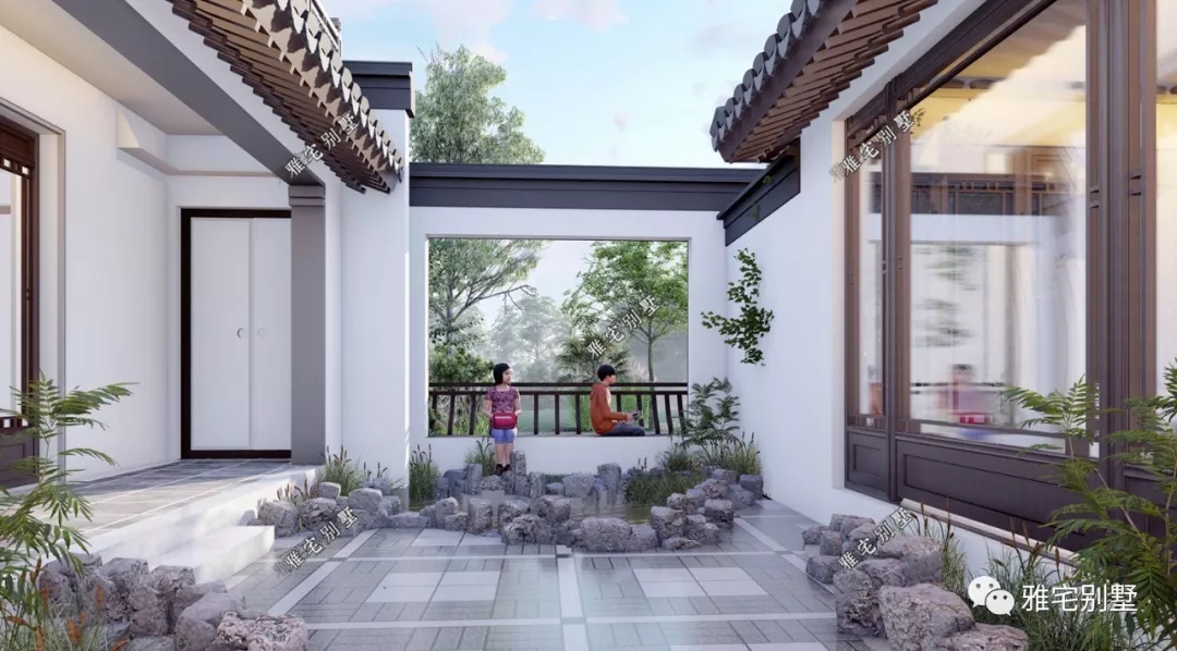 面宽12米,中式合院别墅,白墙灰瓦,前后庭院,连廊水景尽在其中