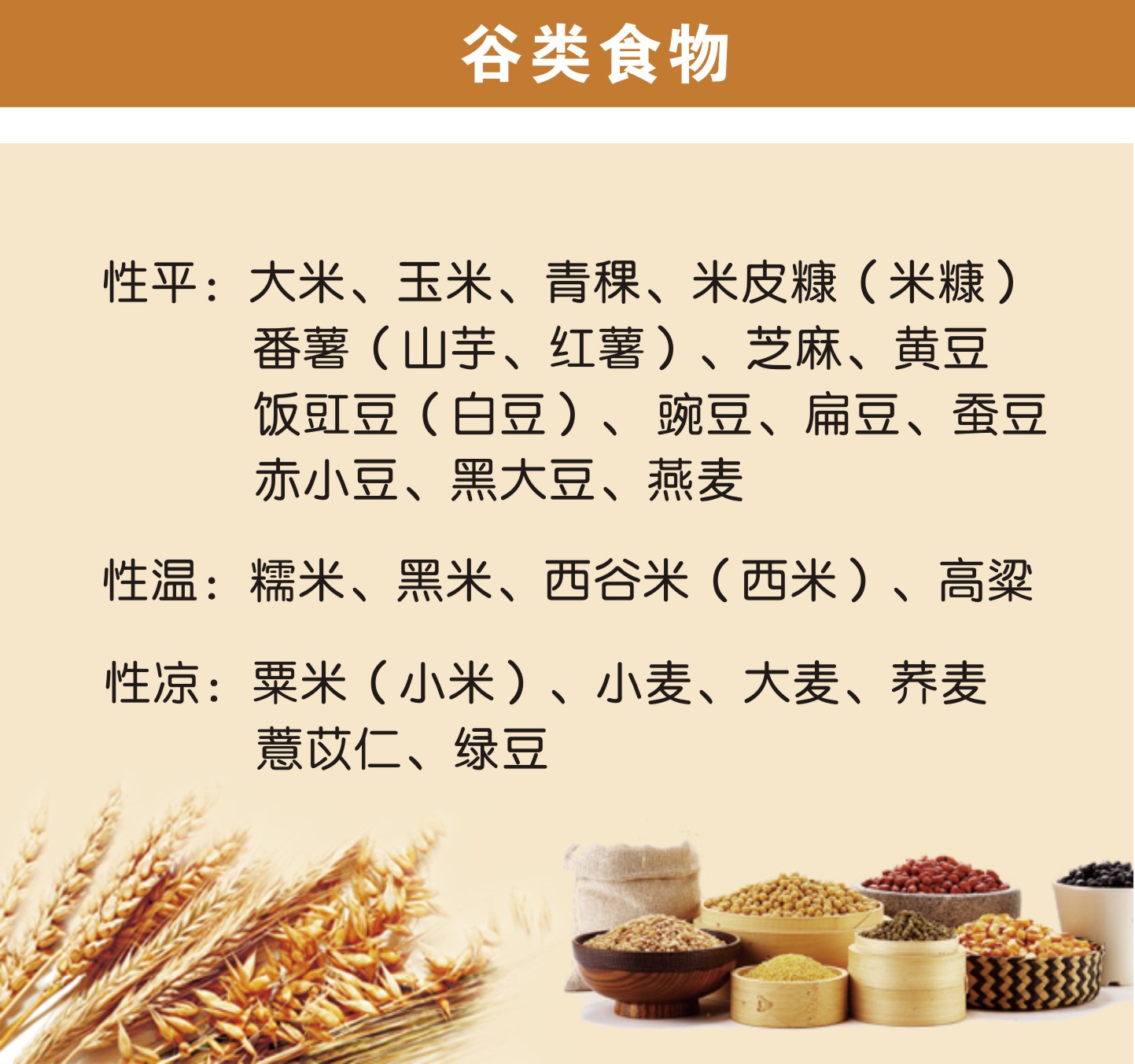 谷类食物:  性平:大米,玉米,青稞,米皮糠(米糠)  番薯(山芋,红薯)