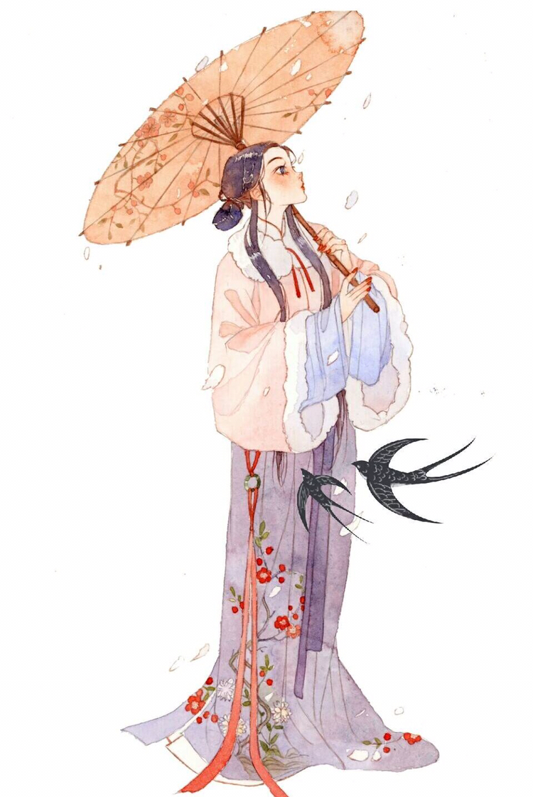 水彩手绘,冬日的古风少女,撑伞的女子