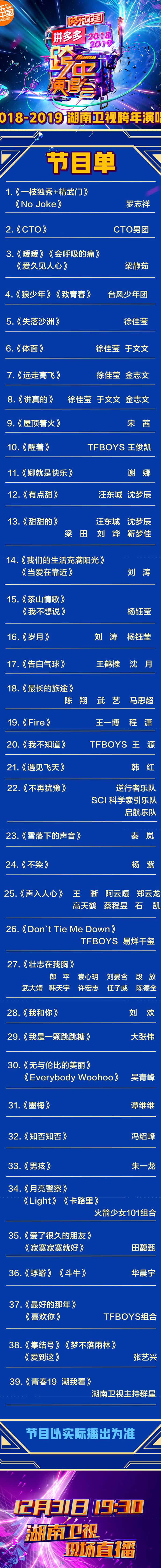 湖南卫视2019跨年晚会节目单