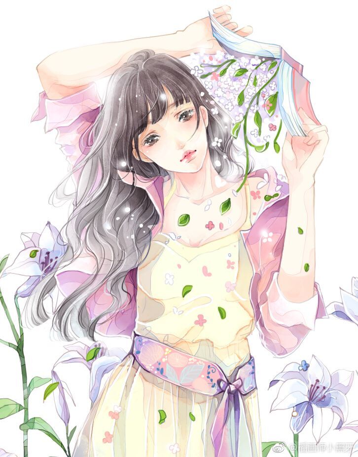插画:一组清新美仙的少女森系插画,百合花与少女,插画师小黑牙作品